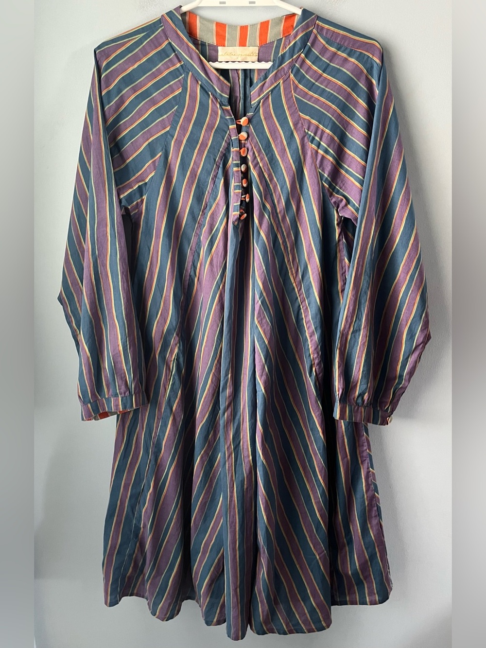 Natalie Martin Blue & Purple Striped 100% Cotton Boho Resort Swing Dress Size S